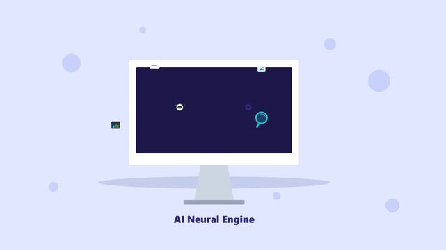 Minimalist digital AI neural engine concept animation with computer screen and data analysis icons motion graphic 4K animation