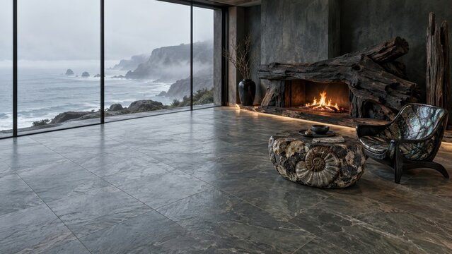 Modern living room with ocean view large window stone floor fireplace chair and natural wood decor