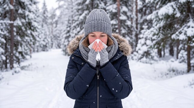 Woman with cold symptoms covering her nose and mouth while standing in a snowy forest.