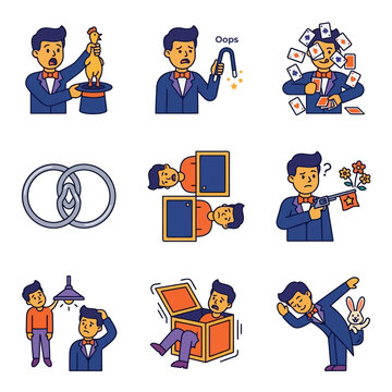Collection of cartoon magic tricks and illusions performed by a magician.