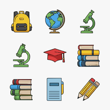 Creative Colorful Educational Icons Set Featuring School Supplies Microscopes Globe Books and Graduation Cap