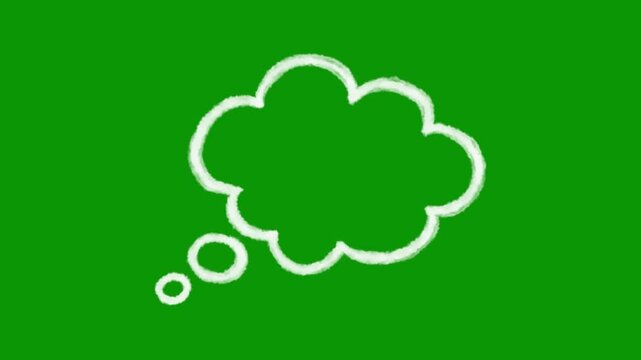 Hand-drawn animated cloud thought bubble with white outlines on chroma key green screen background, ideal for inserting personal thoughts, fantasy, and comic-style overlays to movie clips!
