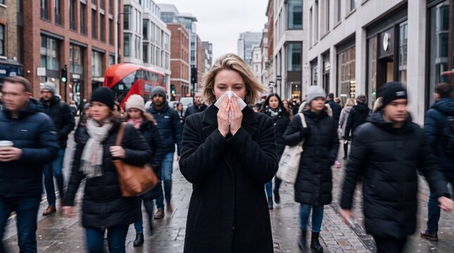 Woman with cold symptoms covering her face while walking through a crowded city street.