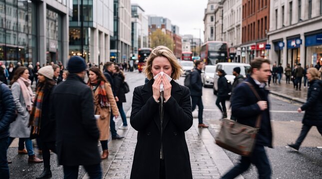 Woman with cold symptoms covering her face while walking through a crowded city street.