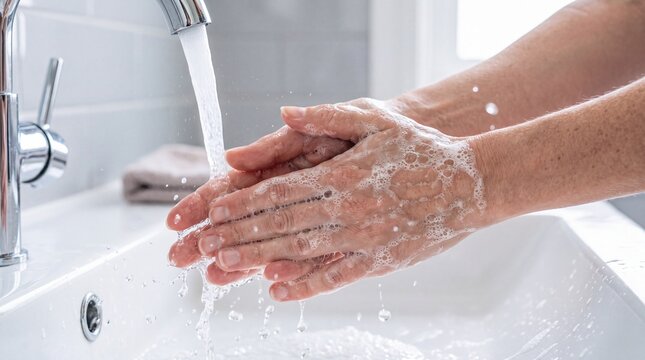 Person washing hands with soap under running water at a sink, emphasizing hand hygiene and infection prevention.