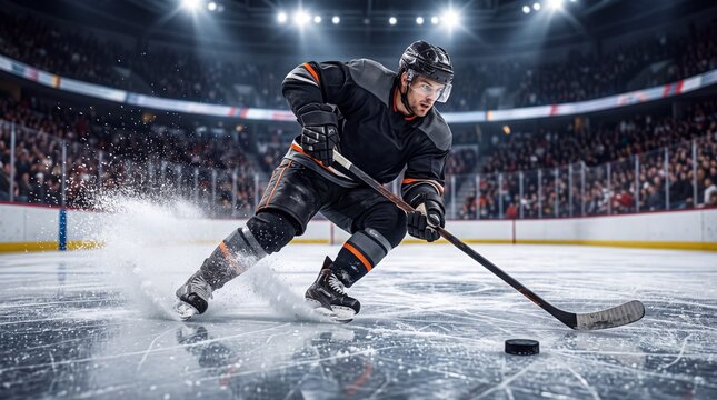 Hockey player skating on ice while shooting the puck during an intense professional game.