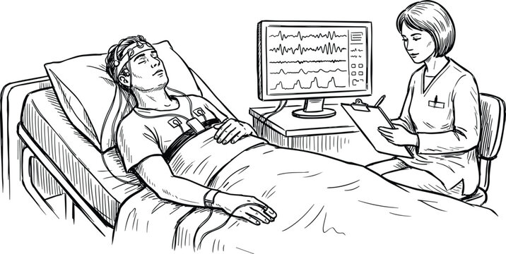 Patient undergoing polysomnography sleep apnea diagnosis test hand drawn vector sketch.