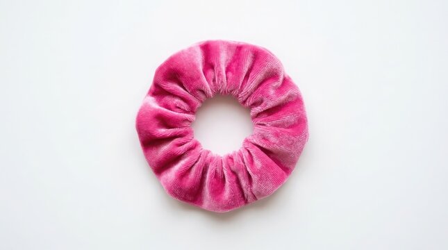 Bright pink velvet scrunchie for hair styling accessory isolated on a white background