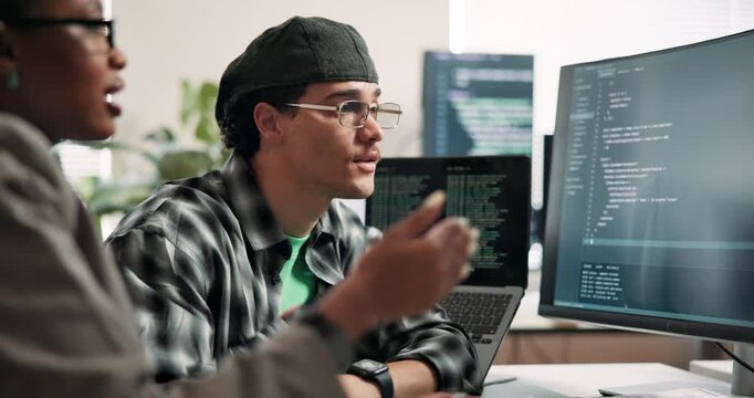 Computer, screen or man in meeting for code review, refine design or mobile prototype for app launch. Office, developer and tech for interface development, teamwork or examine functionality on tablet