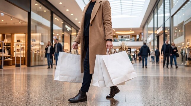 Woman carrying shopping bags while walking through a modern shopping mall, representing retail, fashion, and consumer lifestyle.