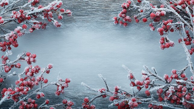 Vibrant red winter berries covered in crisp white frost arranged gracefully around a rustic wooden surface