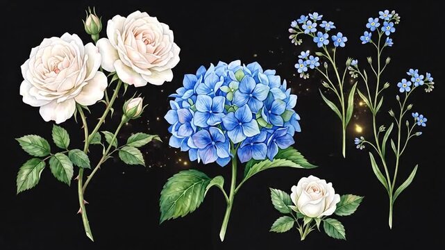Glowing watercolor roses and hydrangeas blooming with magic light particles