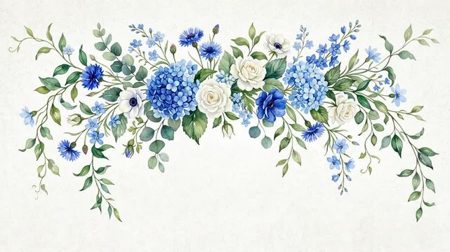 Watercolor blue and white floral garland arrangement banner background