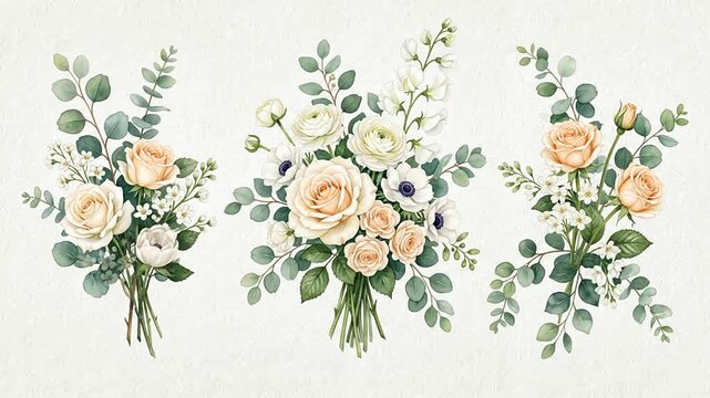 Watercolor floral bouquets with peach roses and green eucalyptus leaves