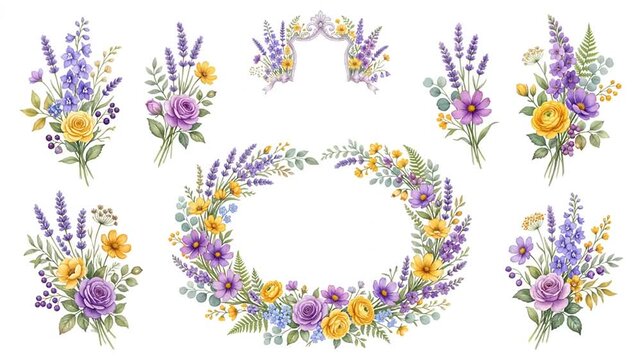 Watercolor floral collection with purple and yellow bouquets and wreath