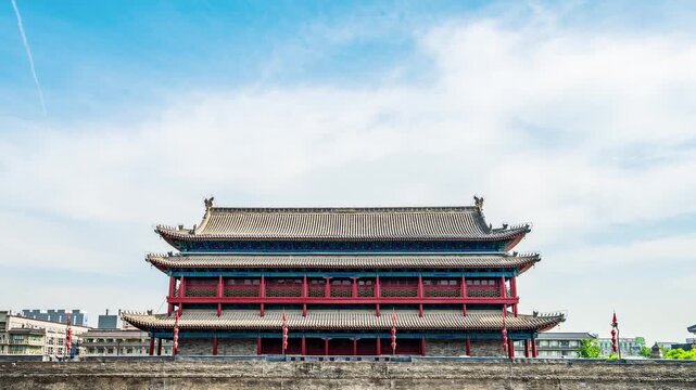 Traditional Chinese Gate Tower on Ancient City Wall Under Blue Sky in Xi an, China