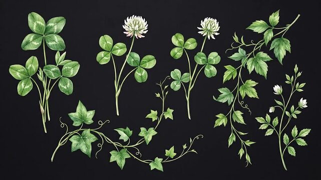 Watercolor green clovers and flowering vines animation on dark background