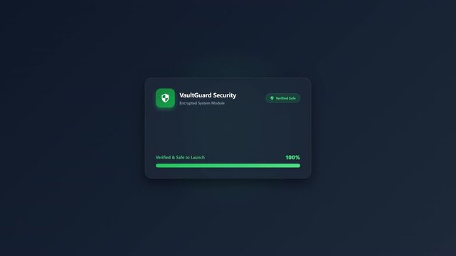 Clean modern 2D UI animation showing a secure application installation card with an active laser scanning effect, linear progress bar, and transition into a verified green shield status.