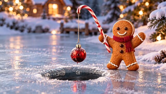 A cheerful gingerbread character in funny winter adventures with festive details for Christmas and New Year.