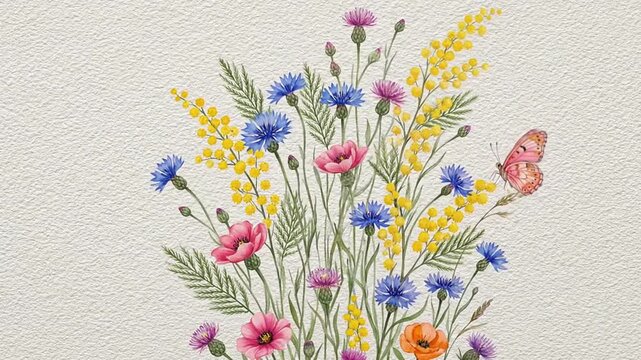 Watercolor Wildflower Bouquet with Butterfly on Textured Paper