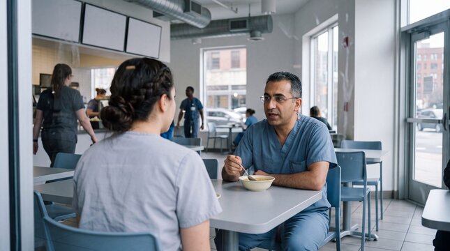 Healthcare workers taking a lunch break in a hospital cafeteria