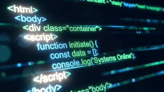 Abstract glowing neon programming code with bright html and script tags
