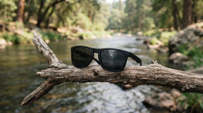 Black sunglasses resting on a driftwood branch, scenic forest river landscape background with soft bokeh.