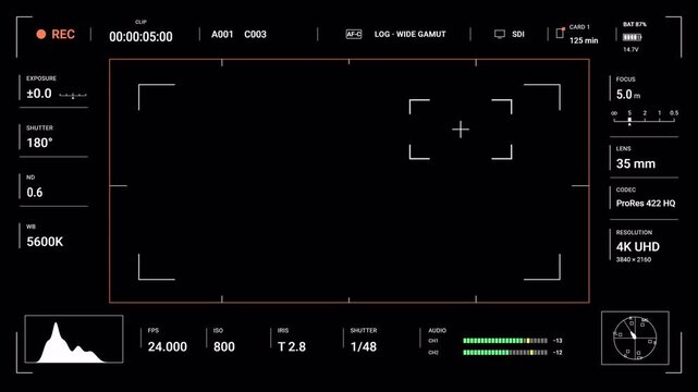 Professional Cinema Camera HUD with Minimal Technical Digital Interface for Monitoring Focus, Exposure, Framing and Recording. Cinema Camera HUD With Minimal Technical Viewfinder Interface