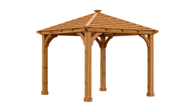 Wooden hexagonal gazebo structure with slatted roof, isolated on transparent background