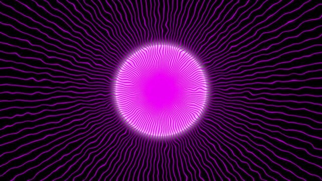 Abstract glowing purple wavy radial sunburst circle loop background, neon light rays motion