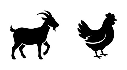 Fototapeta premium Black silhouette icons of goat and chicken standing on white background vector
