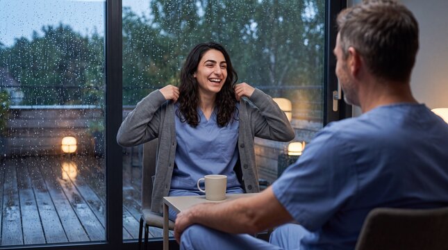 Nurses laughing together during a coffee break in staff room