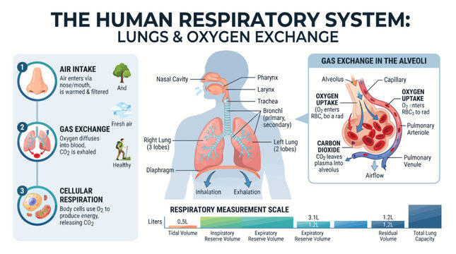 Educational infographic illustrating the human respiratory system, lungs, and oxygen exchange process