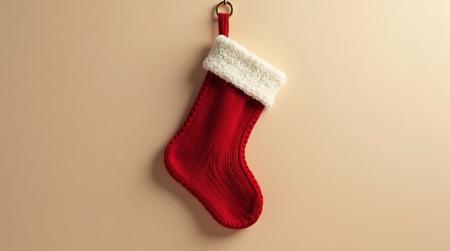 A red Christmas stocking with white fur trim hangs on a beige wall