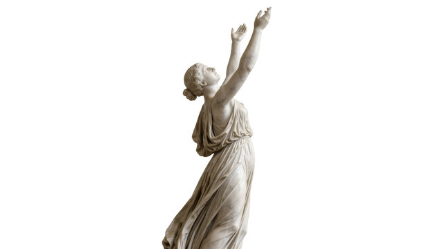 Classical marble sculpture of a woman with arms raised, isolated on transparent background