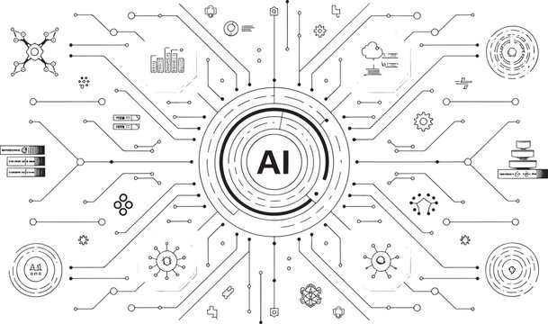 Artificial intelligence concept diagram illustrating complex data network connections futuristic cyber technology machine learning and digital processor infographic elements on white background