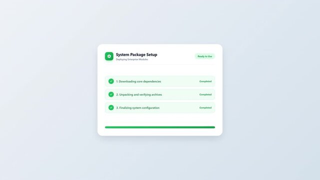 Clean 2D UI motion graphics showing a structured multi-step installation checklist with dynamic checkmarks, sequential step highlights, and a smooth green completion state.