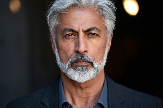 Close-up portrait of a serious senior man with silver hair and beard looking at camera