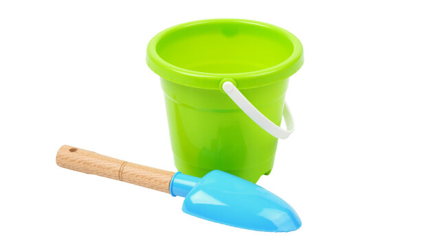 Bright green plastic bucket with blue shovel and wooden handle, isolated on transparent background