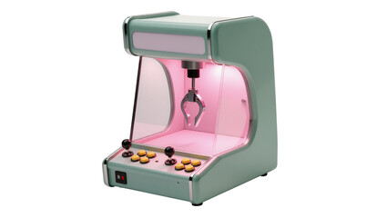 Retro mint green claw machine with pink interior light, isolated on transparent background © Nina