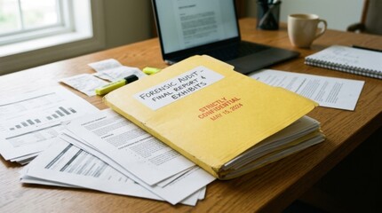 Obraz premium Forensic Audit Report Folder on Desk with Laptop Documents and Coffee Mug