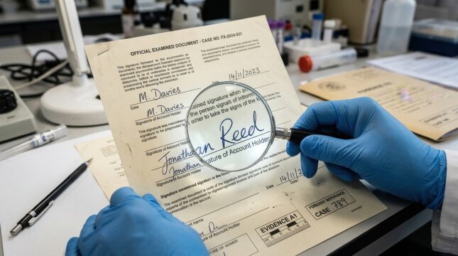 Forensic Analysis of Document Hand in Blue Glove Magnifying Signature on Paper in Lab