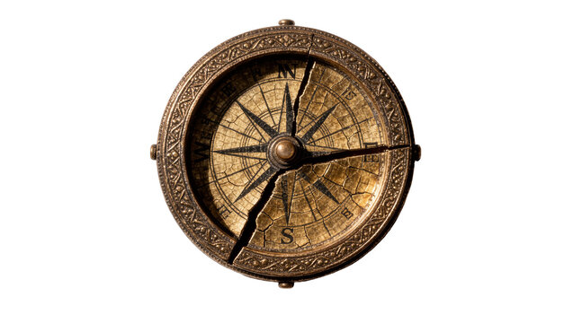 Antique broken brass compass with cracked glass face, isolated on transparent background
