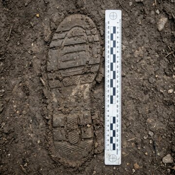 Forensic boot print in mud with ruler crime scene evidence evidence collection investigation outdoor crime scene
