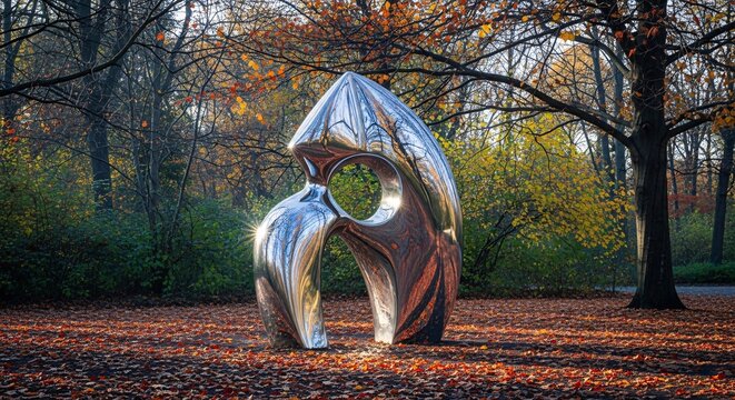 A gleaming abstract metallic sculpture stands amidst fallen autumn leaves in a serene park setting, reflecting the warm light and surrounding trees.