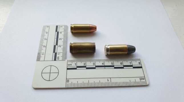 Forensic Evidence Ammunition Cartridges and Measurement Rulers on White Background
