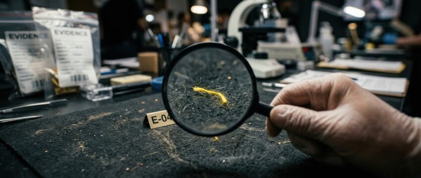 Forensic examination Hand in glove holding magnifying glass over evidence sample on dusty lab table with microscope