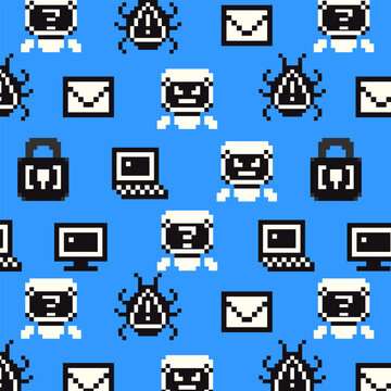 Seamless cybersecurity pattern in retro 8-bit pixel art style. With elements, like computer, robot, padlock, malware bug, envelope. Nostalgic arcade aesthetic and intellectual digital mood.