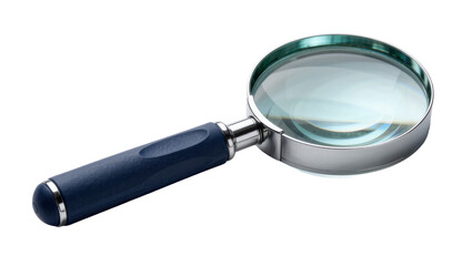 Blue handled magnifying glass with metal rim, isolated on transparent background © Nina