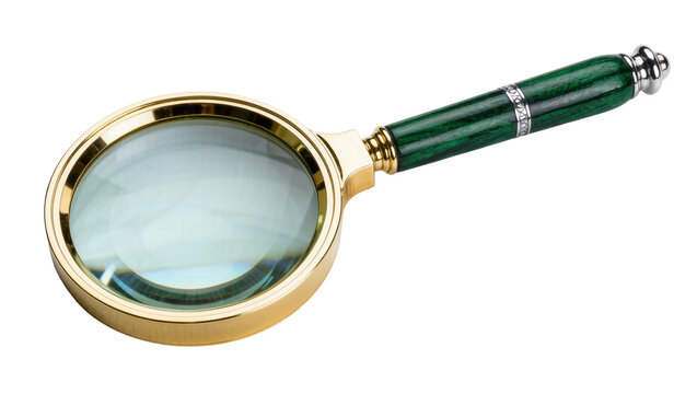 Ornate magnifying glass with golden rim and green decorative handle, isolated on transparent background